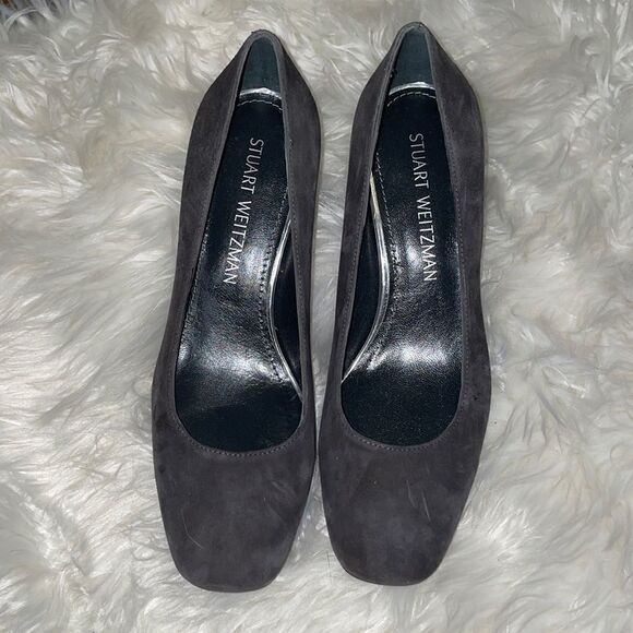Stuart Weitzman Mary Square Toe Gray Suede Low Heel Pumps - Picture 1 of 7